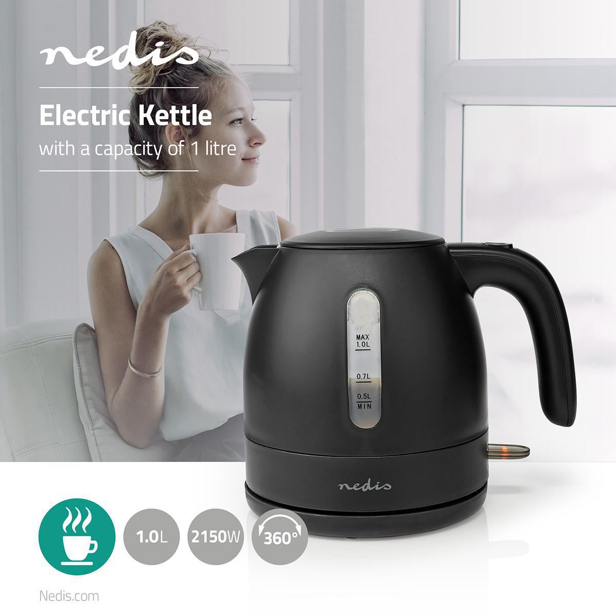 Nedis Electric Kettle | 1.0 l | Plastic | Black | Rotatable 360 degrees | Concealed heating element | Strix® controller | Boil-dry protection