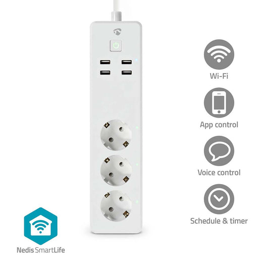 Nedis SmartLife Power Strip | Wi-Fi | 3x Plug with earth contact (CEE 7/3) / 4x USB | 16 A | 3680 W | 1.80 m | -10 - 40 °C | Android™ / IOS | White