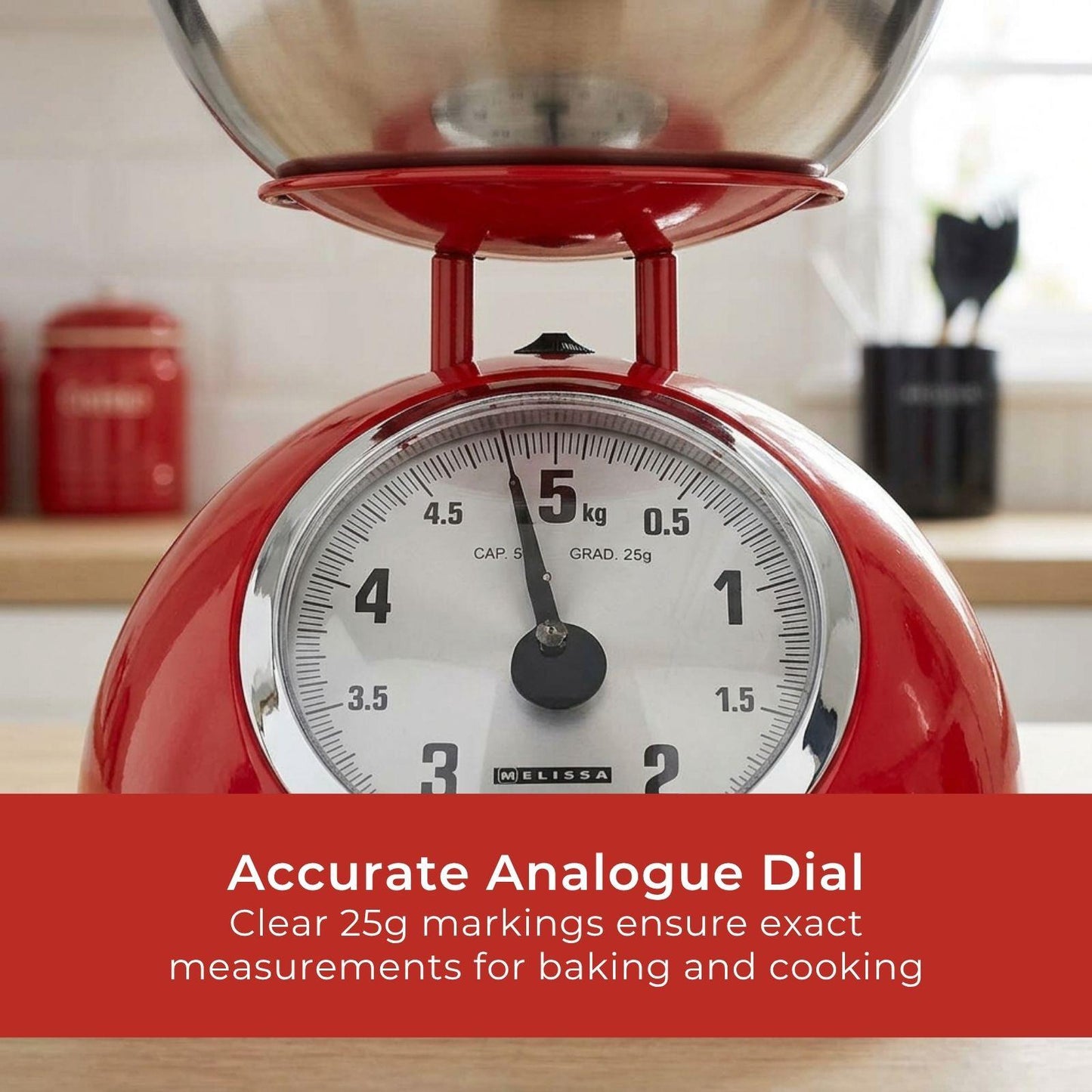 MELISSA Retro Kitchen Scale | Analog | Metal Housing | Removable bowl | Max. 5kg | 25-gram increments | Red