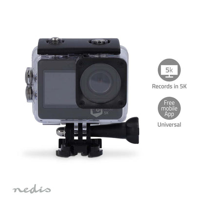 Nedis Action Cam | Dual Screen | 5K@30fps | 16 MPixel | Waterproof up to: 30.0 m | 80 min | Wi-Fi | App available for: Android™ / IOS | Mounts included | Black