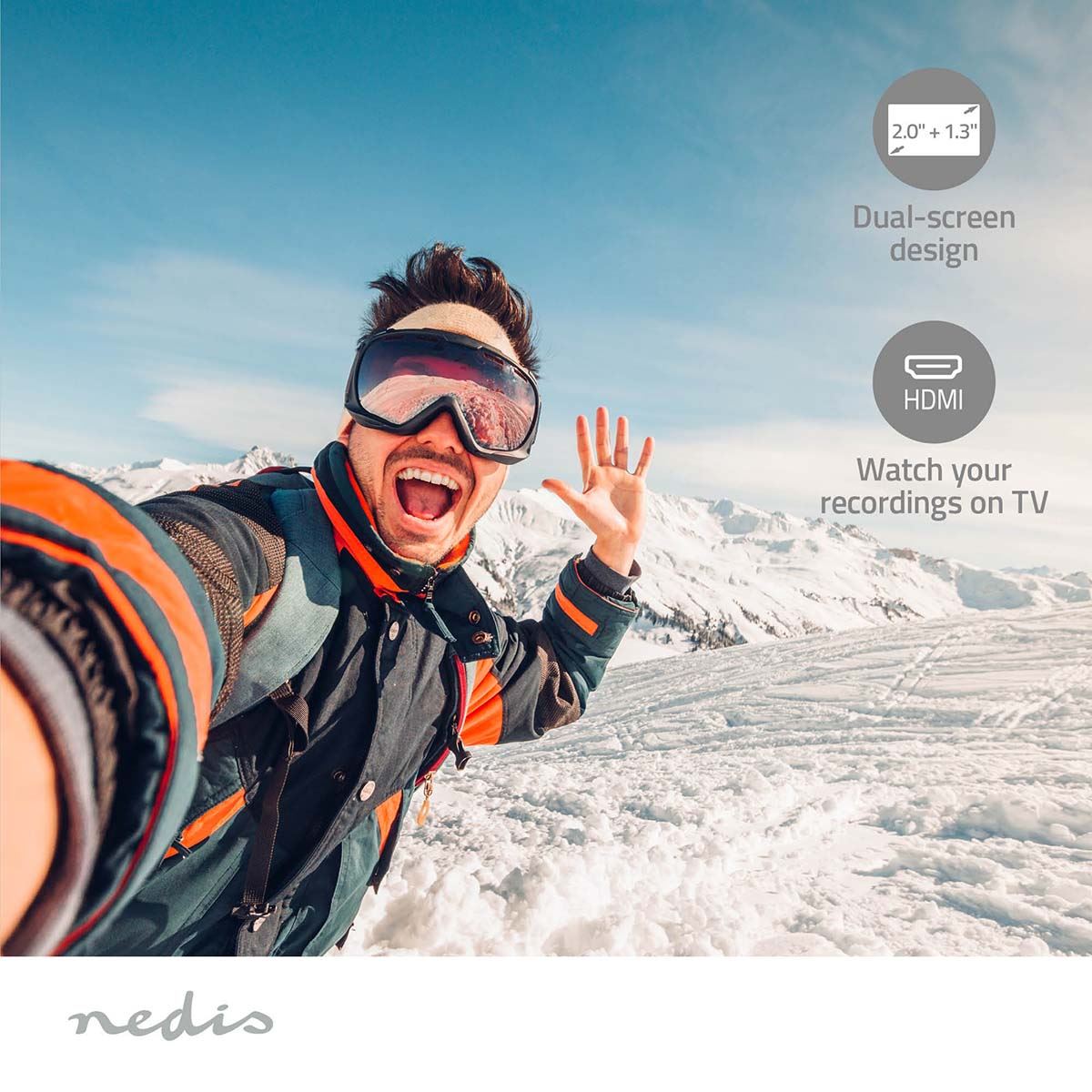 Nedis Action Cam | Dual Screen | 4K@30fps | 16 MPixel | Waterproof up to: 30.0 m | 90 min | Wi-Fi | App available for: Android™ / IOS | Mounts included | Black