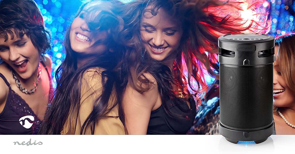 Nedis Bluetooth® Party Boombox | 3.5 hrs | 4.1 | 210 W | Media playback: AUX / USB | IPX5 | Linkable | Carrying handle | Party lights | Black / Silver