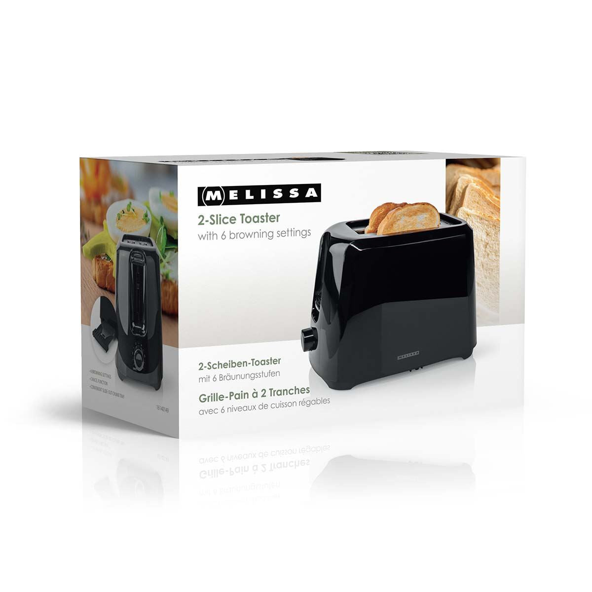 MELISSA 16140149 | Toaster | 2 Slots | 700 W | 6 Browning levels | Removable crumb tray | Cancel function | Black