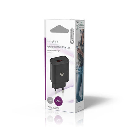 Nedis Wall Charger | 18 W | Quick charge feature | 1.5 / 2.0 / 3.0 A | Number of outputs: 1 | USB-A | No Cable Included | Automatic Voltage Selection | Black