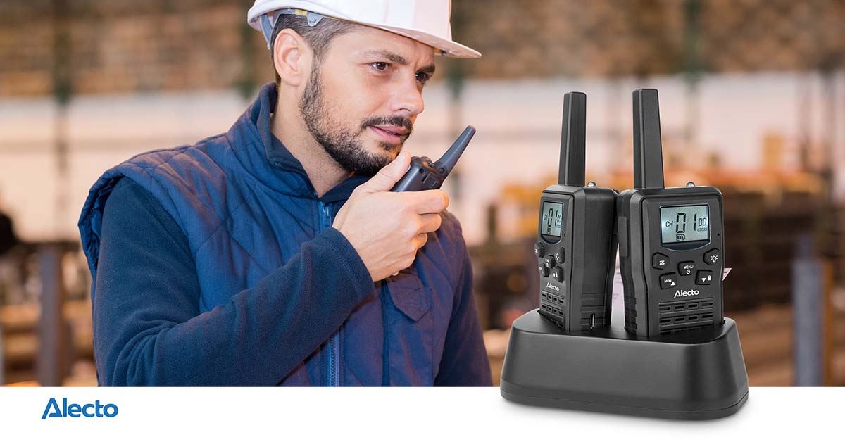 Alecto FR200BK | Walkie-Talkie Set | 2 Handsets | Up to 10 km | Frequency channels: 8 | PTT / VOX | 24 h standby| Charging base included | Headphone output | Black