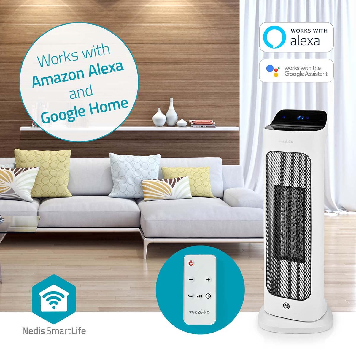 Nedis SmartLife Ceramic PTC Fan Heater | Wi-Fi | 2000 W | 2 Heat Settings | Oscillation | Display | 10 - 49 °C | Android™ / IOS | White