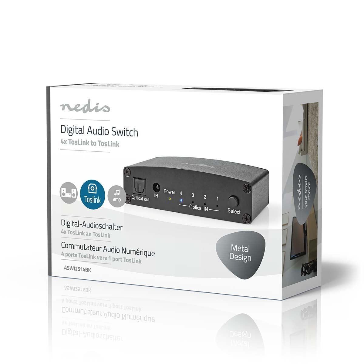 Nedis Digital Audio Switch | 4-way | Connection input: DC Power / 4x TosLink | Connection output: TosLink Female | Manual / Push Button / Remote Control | Metal | Black