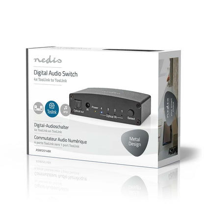 Nedis Digital Audio Switch | 4-way | Connection input: DC Power / 4x TosLink | Connection output: TosLink Female | Manual / Push Button / Remote Control | Metal | Black