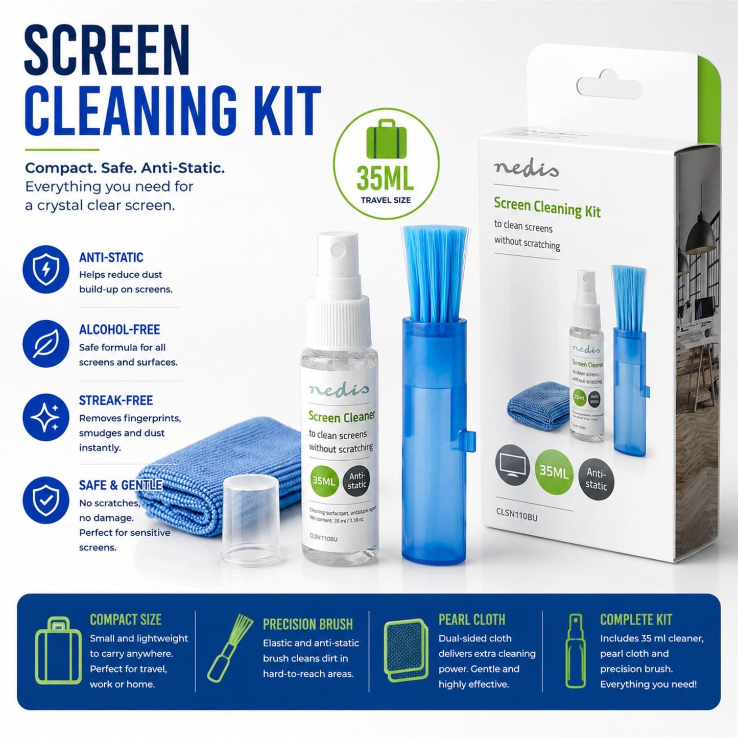 Nedis Screen Cleaner | Spray | 35 ml | Notebook / Smartphone / Tablet / TV Screen | Wiper included