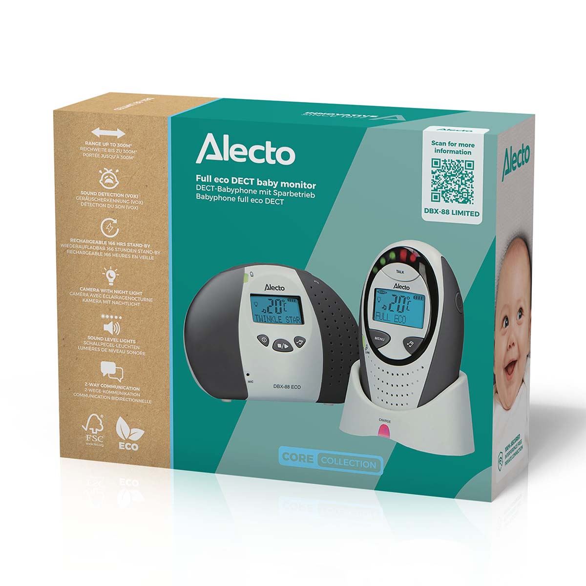 Alecto DBX-88 ECO | Baby Monitor | Full Eco DECT |Digital Display | Wireless Receiver | White/Grey