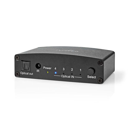 Nedis Digital Audio Switch | 4-way | Connection input: DC Power / 4x TosLink | Connection output: TosLink Female | Manual / Push Button / Remote Control | Metal | Black