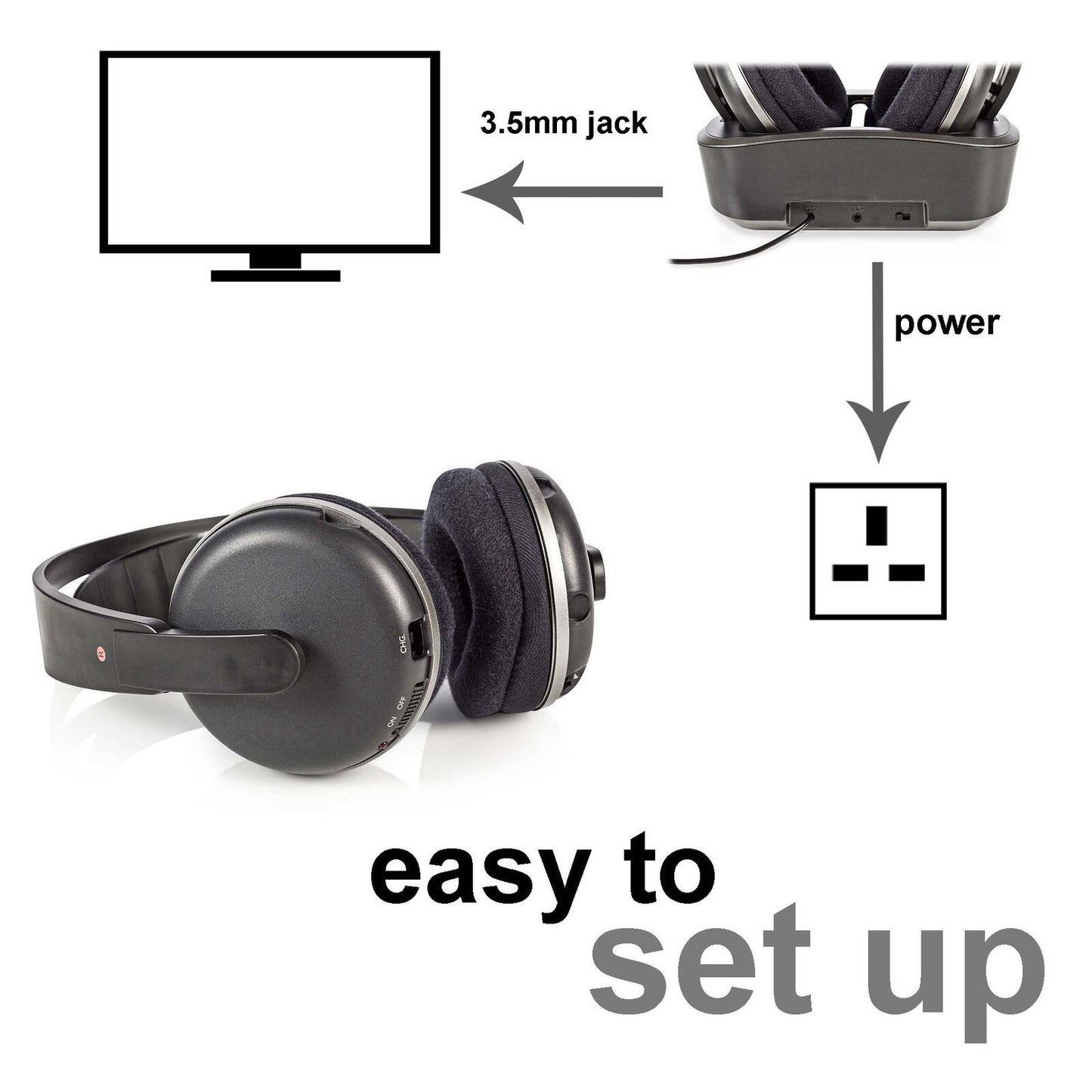 Nedis Wireless TV Headphones | RF | Over-Ear | Maximum battery play time: 11 hrs | 100 m | Digital Audio | Charging dock | Black / Silver
