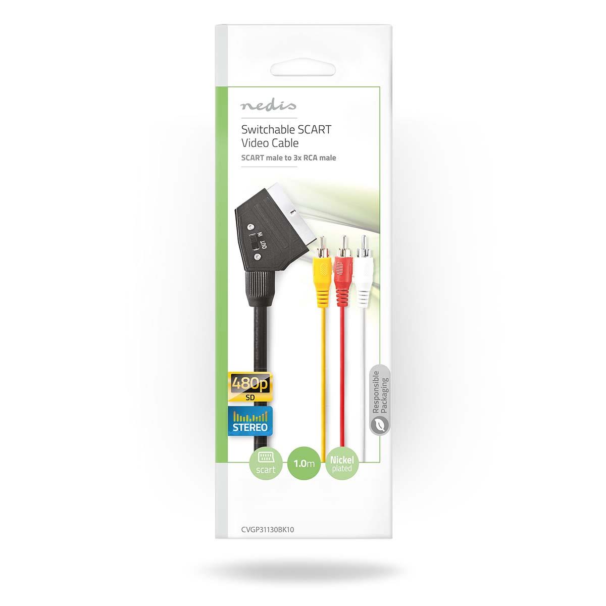 Nedis SCART Cable | SCART Male | 3x RCA Male | Nickel Plated | Switchable | 480p | 1.00 m | Round | PVC | Black | Envelope