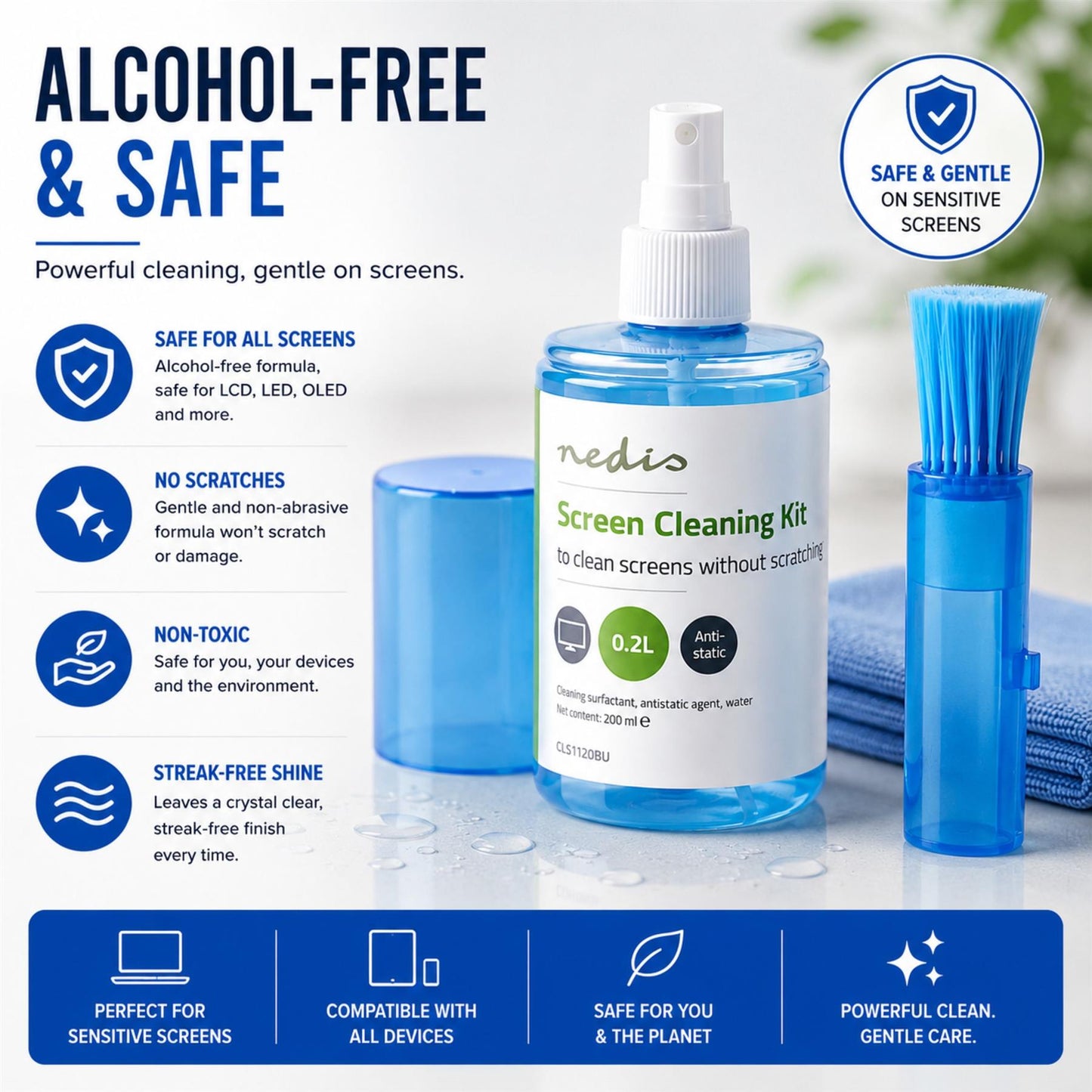 Nedis Screen Cleaner | Spray | 200 ml | Notebook / Smartphone / Tablet / TV Screen | Wiper included