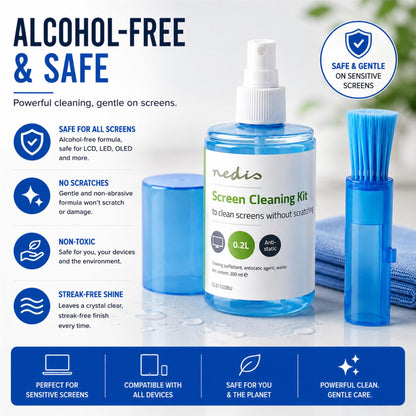 Nedis Screen Cleaner | Spray | 200 ml | Notebook / Smartphone / Tablet / TV Screen | Wiper included