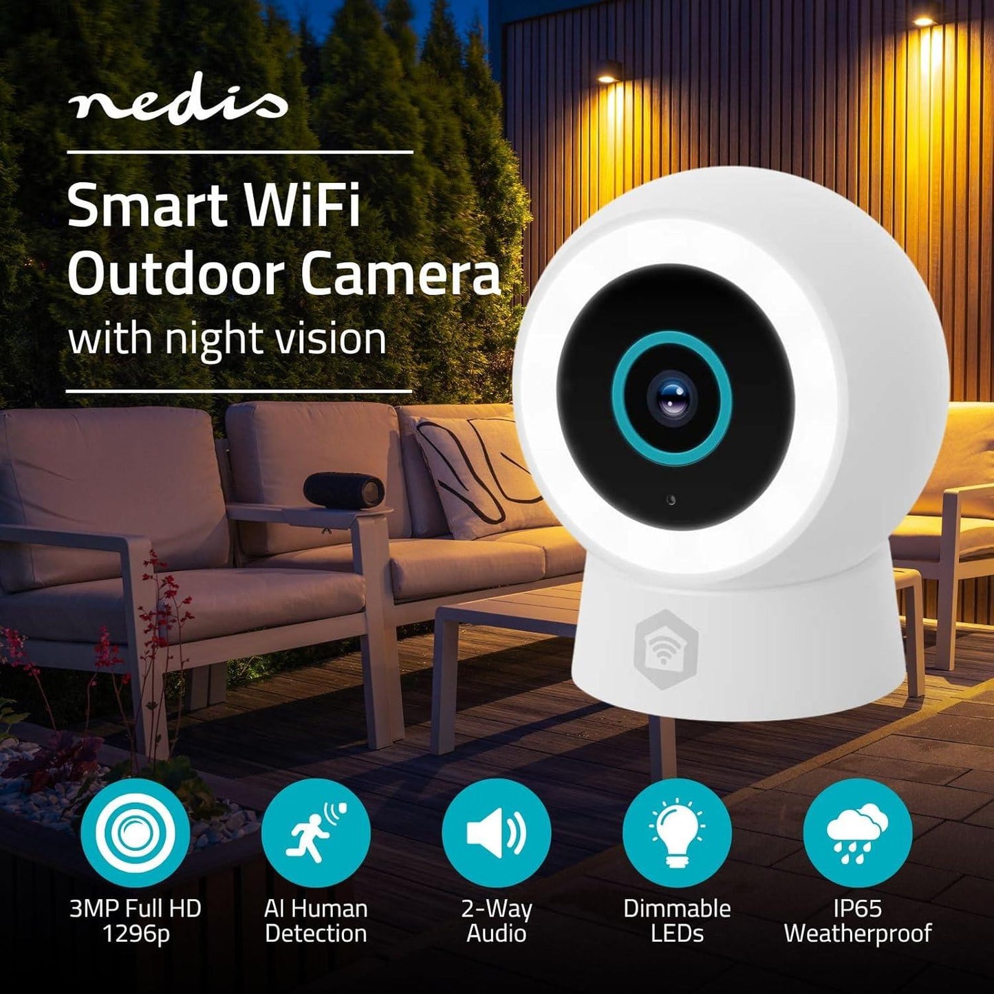 Nedis SmartLife Outdoor Camera | Wi-Fi | Spotlight | 3MP Full HD 1296p | IP65 | Cloud Storage (optional) / microSD (not included) / Onvif | 5 V DC | With motion sensor | Night vision | White