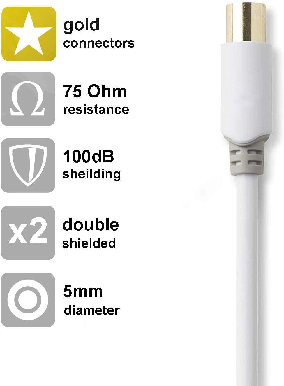 Nedis CSBW40010WT50 | Coax Cable | IEC (Coax) Male | IEC (Coax) Female | Gold Plated | 100 dB | 75 Ohm | Double Shielded | 5.00 m | Round | PVC | White | Box