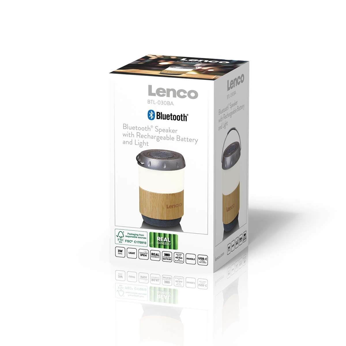 Lenco BTL-030BA | IPX4 | Lantern with Built-in Bluetooth® Speaker | Bamboo