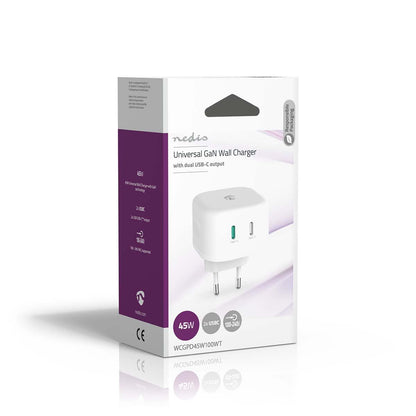 Nedis Wall Charger | 45 W | GaN | PD3.0 45W | Quick charge feature | 2.25 / 3.0 A | Number of outputs: 2 | 2x USB-C™ | Automatic Voltage Selection | White