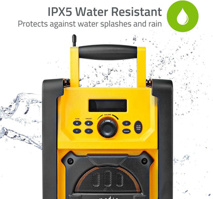 Nedis FM Radio | Jobsite Radio | FM | Battery Powered / Mains Powered | Digital | 15 W | Screen size: 2.2 " | Blue White Screen | IPX5 | Carrying handle | Black / Yellow