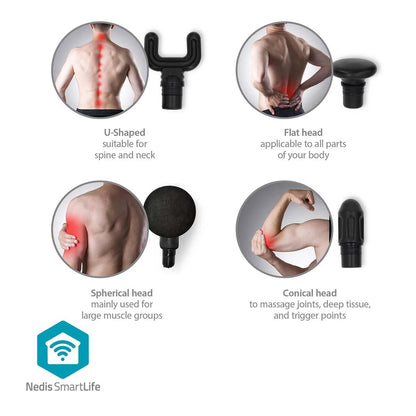 Nedis SmartLife Sports Massage Gun | Accu Powered | N/A | Rechargeable | 5 Massage Modes | Conical Head / Drawstring Bag / Flat Head / Spherical Head / U-shape Head | Dark Grey