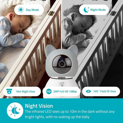 Nedis SmartLife Indoor Camera | Wi-Fi | Full HD 1080p | Pan tilt | Cloud Storage (optional) / microSD (not included) | With motion sensor | Night vision | Grey / White