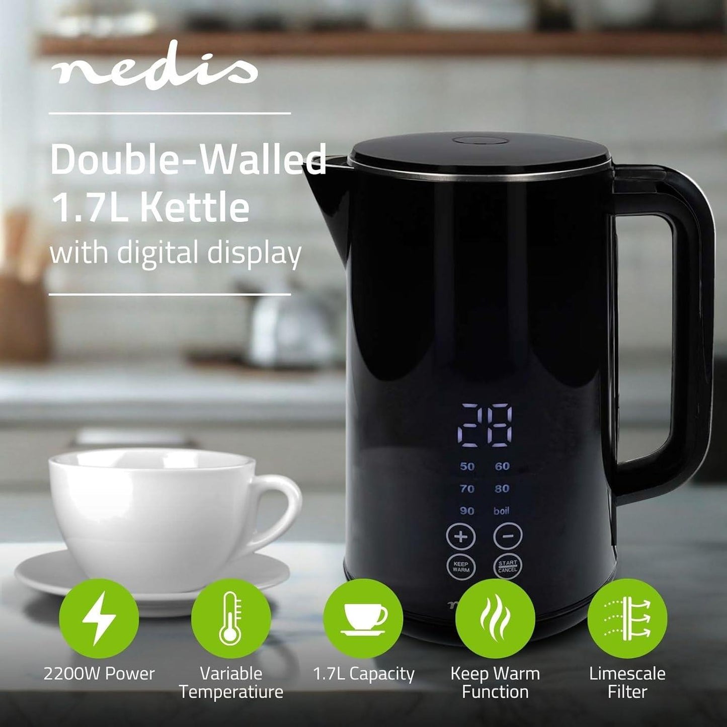 Nedis Electric Kettle | 1.7 l | Plastic | Black | 50,60,70,80,90,100 °C | Temperature indicator | Rotatable 360 degrees | Concealed heating element | Strix® controller | Boil-dry protection