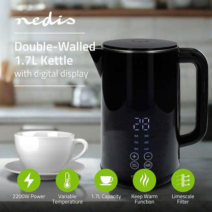 Nedis Electric Kettle | 1.7 l | Plastic | Black | 50,60,70,80,90,100 °C | Temperature indicator | Rotatable 360 degrees | Concealed heating element | Strix® controller | Boil-dry protection