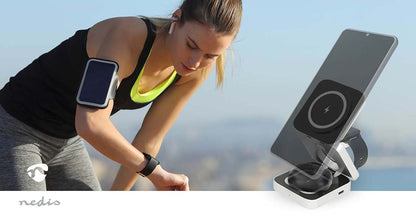 Nedis WDCHAQ15W210BK | Wireless Charger | 3-in-1 | 2.5 / 5 / 15 W | LED-indicator in use | Including cable | USB-A / USB-C™ | 1.50 m