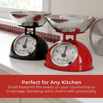 MELISSA Retro Kitchen Scale | Analog | Metal Housing | Removable bowl | Max. 5kg | 25-gram increments | Red