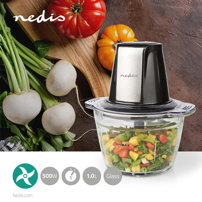 Nedis Food Chopper | 500 W | 1 l | Glass | 1-Speed Setting | Black / Silver