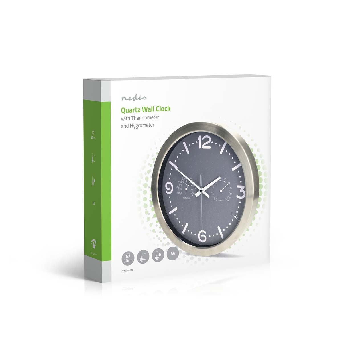 Nedis Wall Clock | Diameter: 300 mm | Stainless Steel | Silent movement | Thermometer | Hygrometer | Grey / Metal