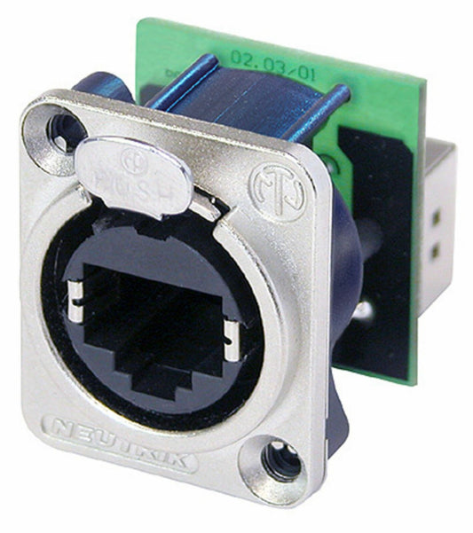 Neutrik RJ45 feedthrough receptacle, D-shape metal flange with the latch lock, mounting screws included