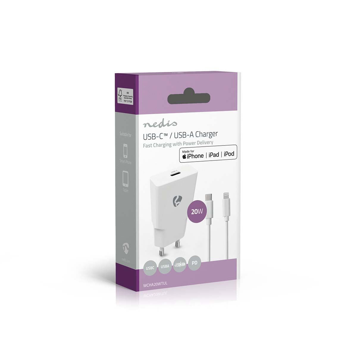 Nedis Wall Charger | 20 W | GaN | PD3.0 | Quick charge feature | 1.67 / 2.22 / 3.0 A | Number of outputs: 1 | USB-C™ | Lightning 8-Pin (Loose) Cable | 1.00 m | Automatic Voltage Selection | White