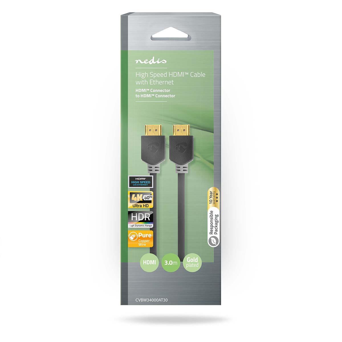 Nedis CVBW34000AT30 | High Speed HDMI™ Cable with Ethernet | HDMI™ Connector | HDMI™ Connector | 4K@60Hz | ARC | 18 Gbps | 3.00 m | Round | PVC | Anthracite | Box