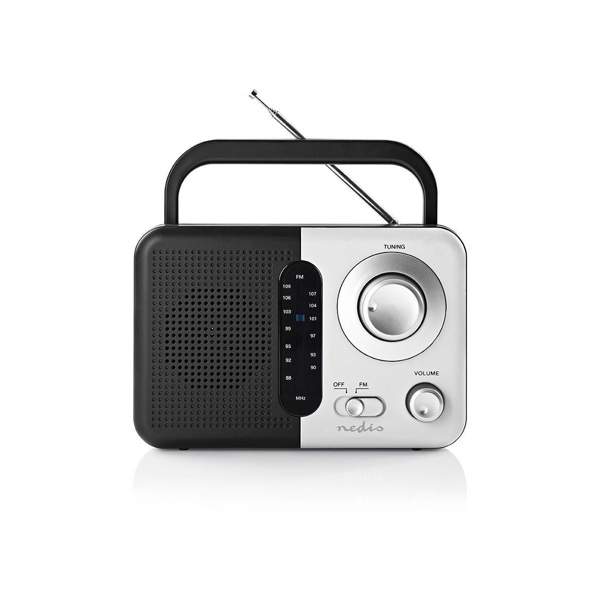 Nedis FM Radio | Portable Design | FM | Battery Powered / Mains Powered | Analogue | 2.4 W | Black White Screen | Headphone output | Carrying handle | Black / White
