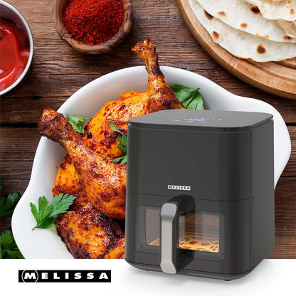 MELISSA 5L Hot Air Fryer Sleek XL for Healthy Low Fat Cooking, with Adjustable Temperature, Digital Display Control, 8 Presets and 60 Minute Timer  - Black