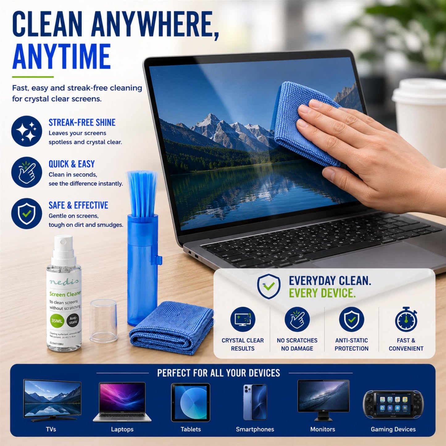 Nedis Screen Cleaner | Spray | 35 ml | Notebook / Smartphone / Tablet / TV Screen | Wiper included