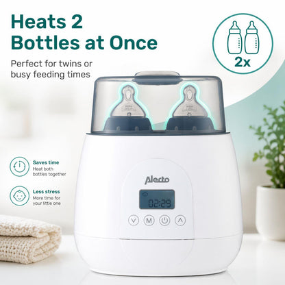 Alecto BW700TWIN | 2 Bottle Warmer, Baby Double Bottle Sterilizer with Digital Display and Temperature Control | White