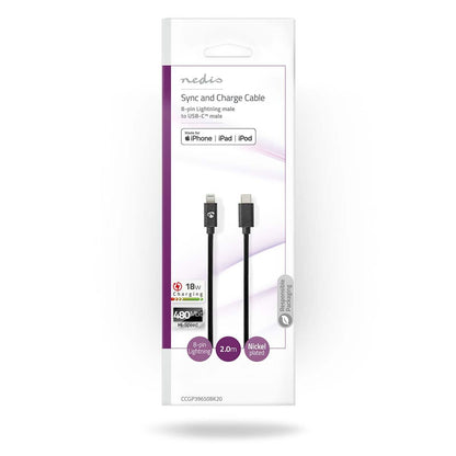 Nedis Lightning Cable | USB 2.0 | Apple Lightning 8-Pin | USB-C™ Male | 480 Mbps | Nickel Plated | 2.00 m | Round | PVC | Black | Envelope