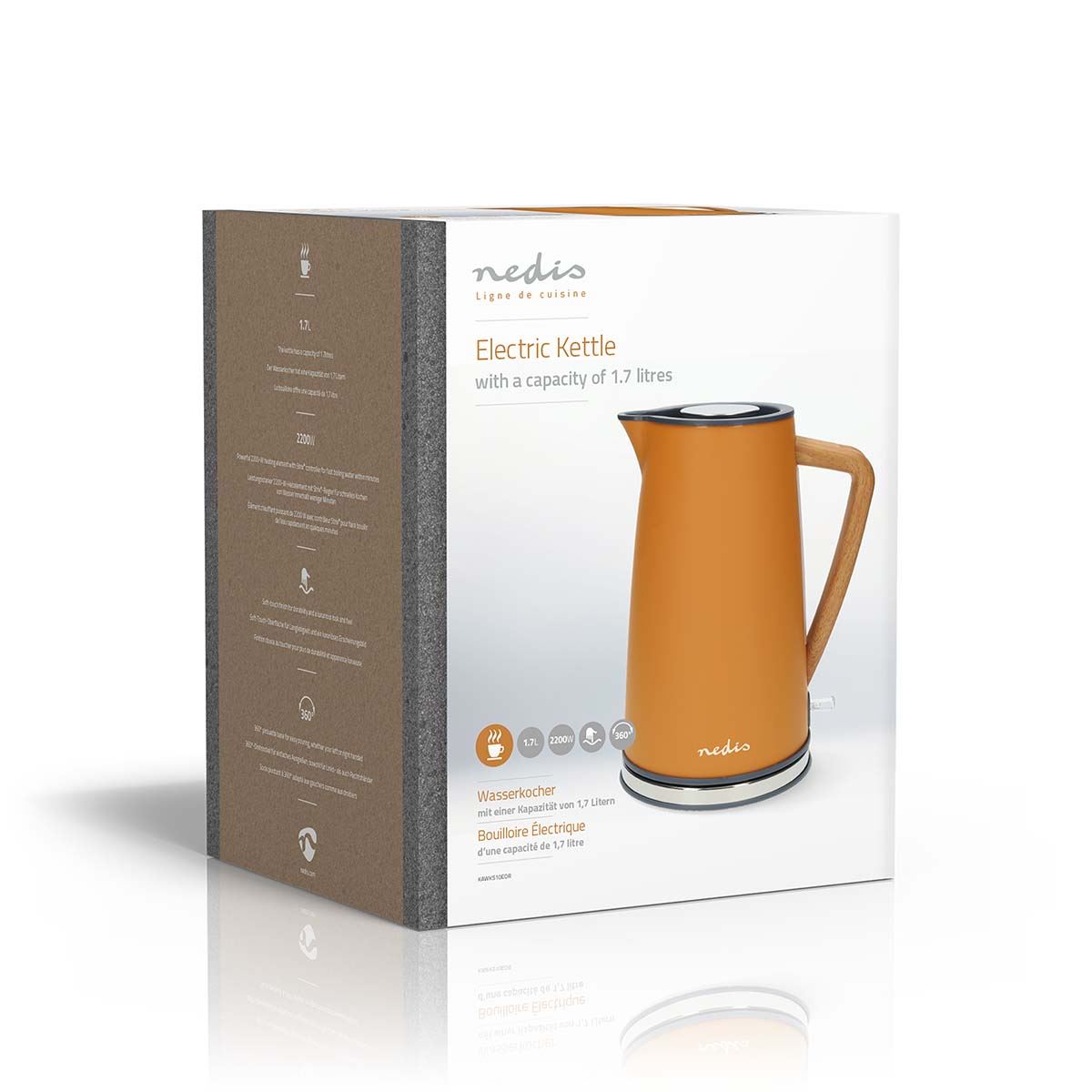 Nedis Electric Kettle | 1.7 l | Soft-Touch | Orange | Rotatable 360 degrees | Concealed heating element | Strix® controller | Boil-dry protection