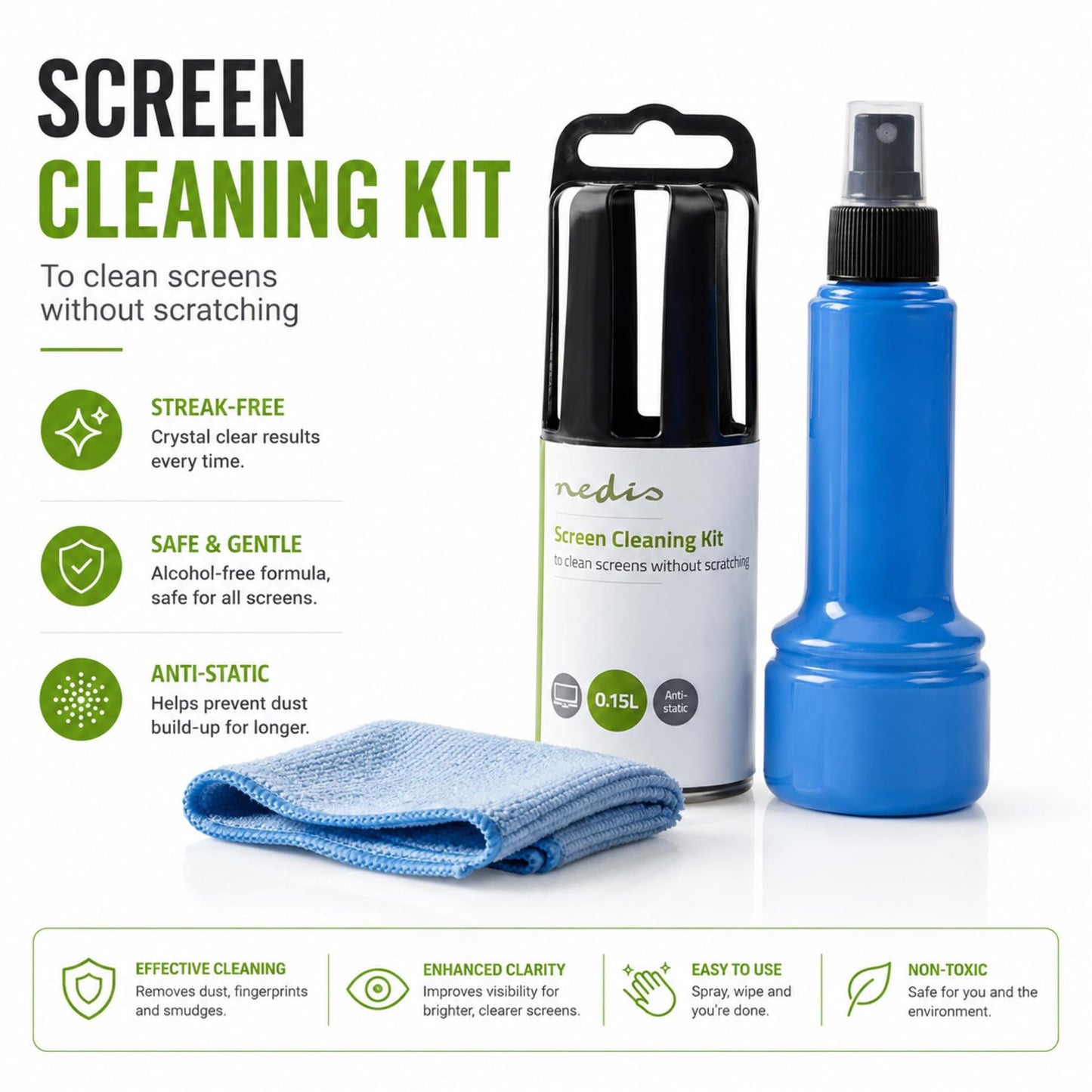 Nedis CLSN130BU Screen Cleaner | Spray | 150 ml | Notebook / Smartphone / Tablet / TV Screen | Wiper included