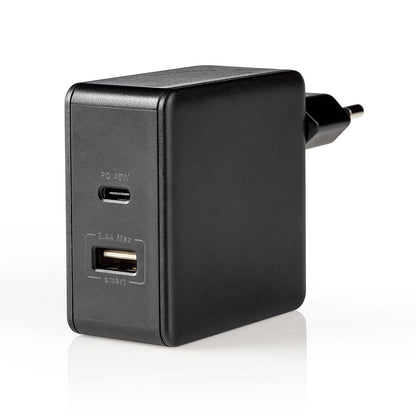 Nedis Wall Charger | 57 W | Quick charge feature | 2.25 / 2.4 / 3.0 A | Number of outputs: 2 | USB-A / USB-C™ | No Cable Included | Automatic Voltage Selection | Black