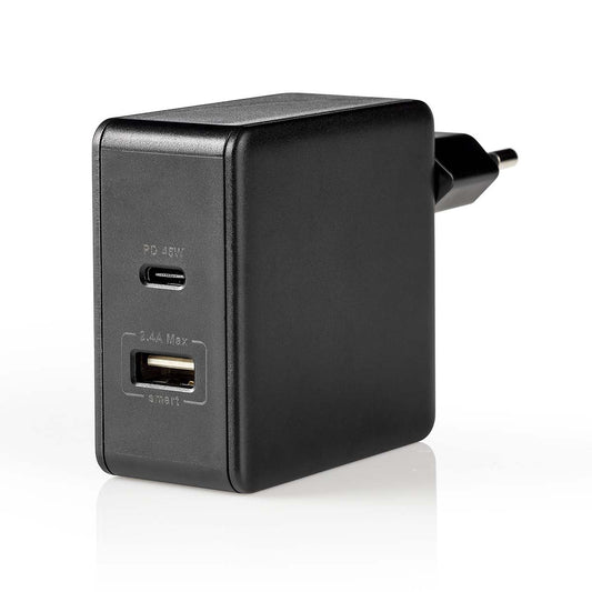 Nedis Wall Charger | 57 W | Quick charge feature | 2.25 / 2.4 / 3.0 A | Number of outputs: 2 | USB-A / USB-C™ | No Cable Included | Automatic Voltage Selection | Black