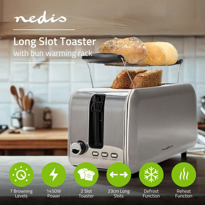 Nedis Toaster | 4 Bread Slices | 2 Long Slots | Browning levels: 7 | Defrost feature | Aluminium / Silver