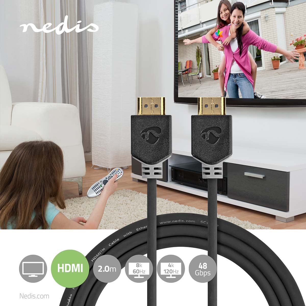 Nedis Ultra High Speed HDMI™ Cable | HDMI™ Connector | HDMI™ Connector | 8K@60Hz | 48 Gbps | 2.00 m | Round | 6.5 mm | Anthracite | Box