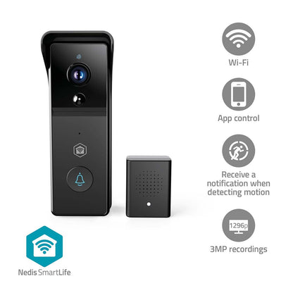 Nedis SmartLife Video Doorbell | Wi-Fi | Battery Powered | 3MP Full HD 1296p | Cloud Storage (optional) / microSD (not included) | IP44 | With motion sensor | Night vision | Black