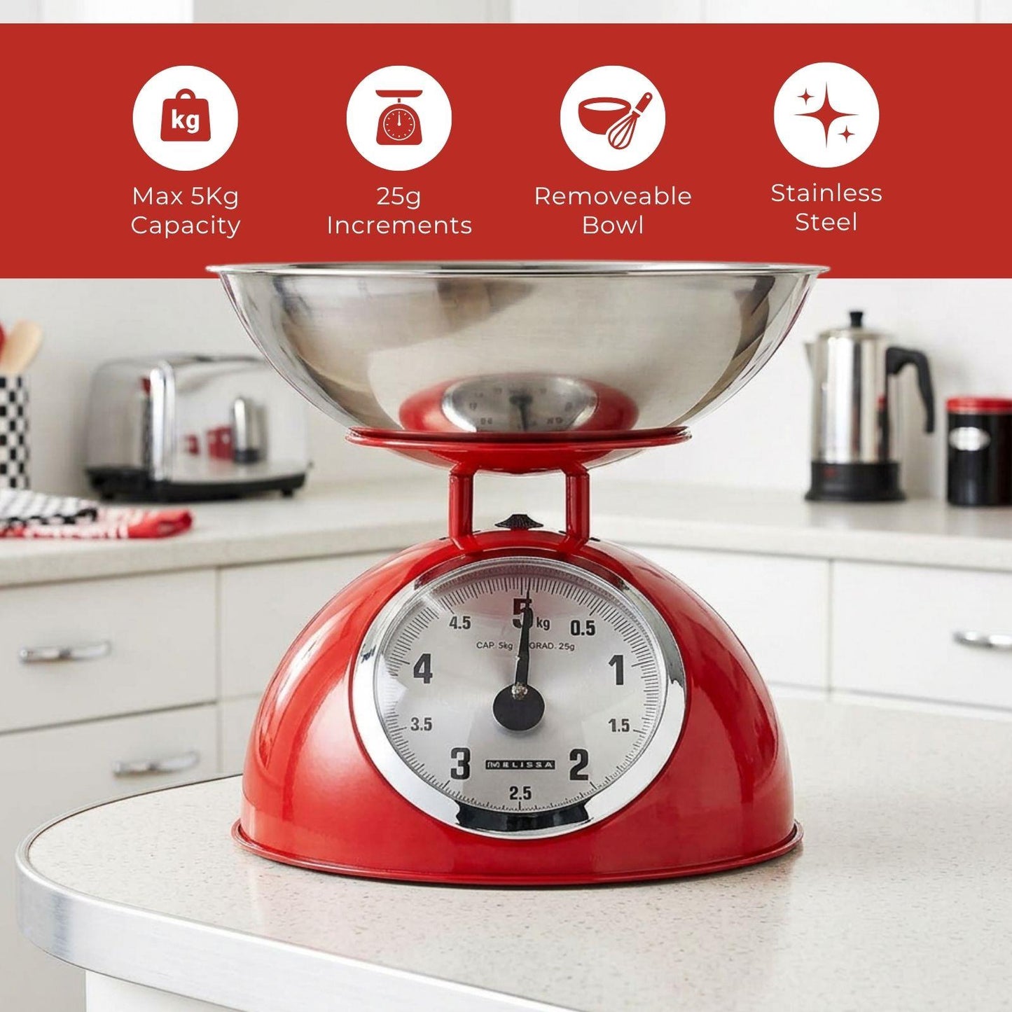 MELISSA Retro Kitchen Scale | Analog | Metal Housing | Removable bowl | Max. 5kg | 25-gram increments | Red