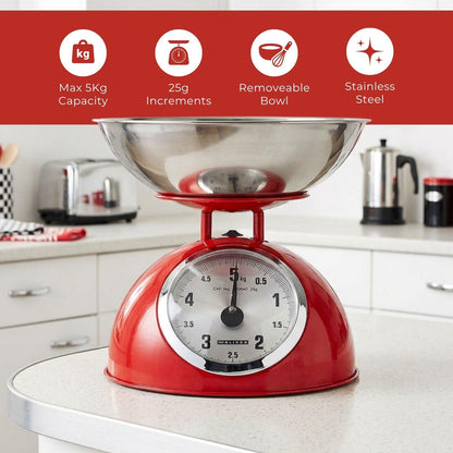 MELISSA Retro Kitchen Scale | Analog | Metal Housing | Removable bowl | Max. 5kg | 25-gram increments | Red