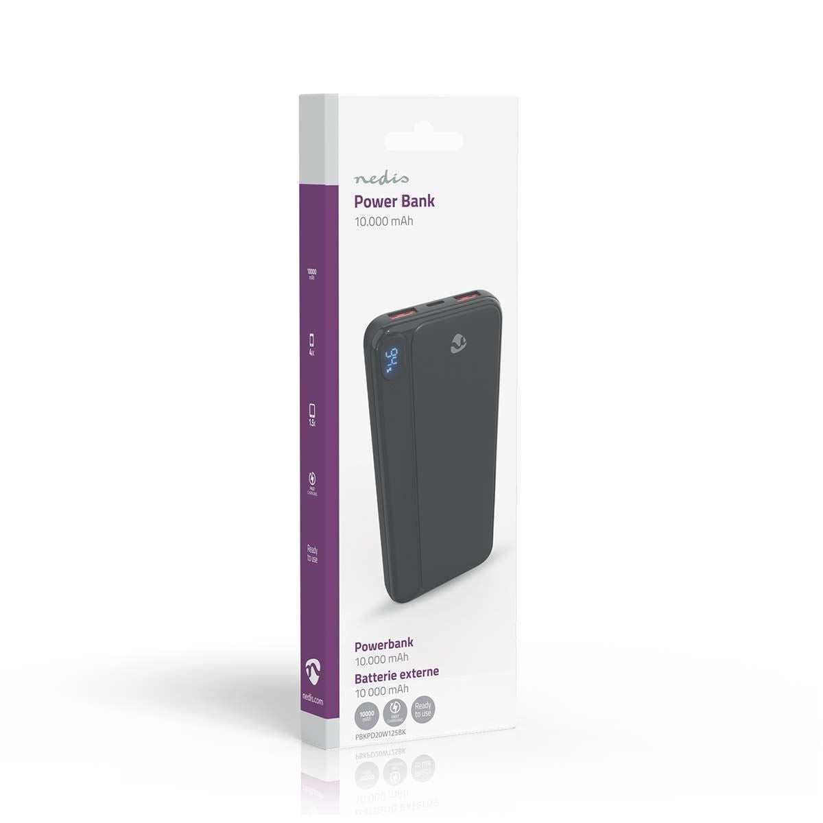 Nedis PBKPD20W125BK | Powerbank | 10000 mAh | 1.5 / 1.67 / 2.0 / 2.22 / 3.0 A | Number of outputs: 3 | Output connection: 1x USB-C™ / 2x USB-A | Input connection: 1x USB-C™ | PD3.0 20W | Lithium-Polymer | Display